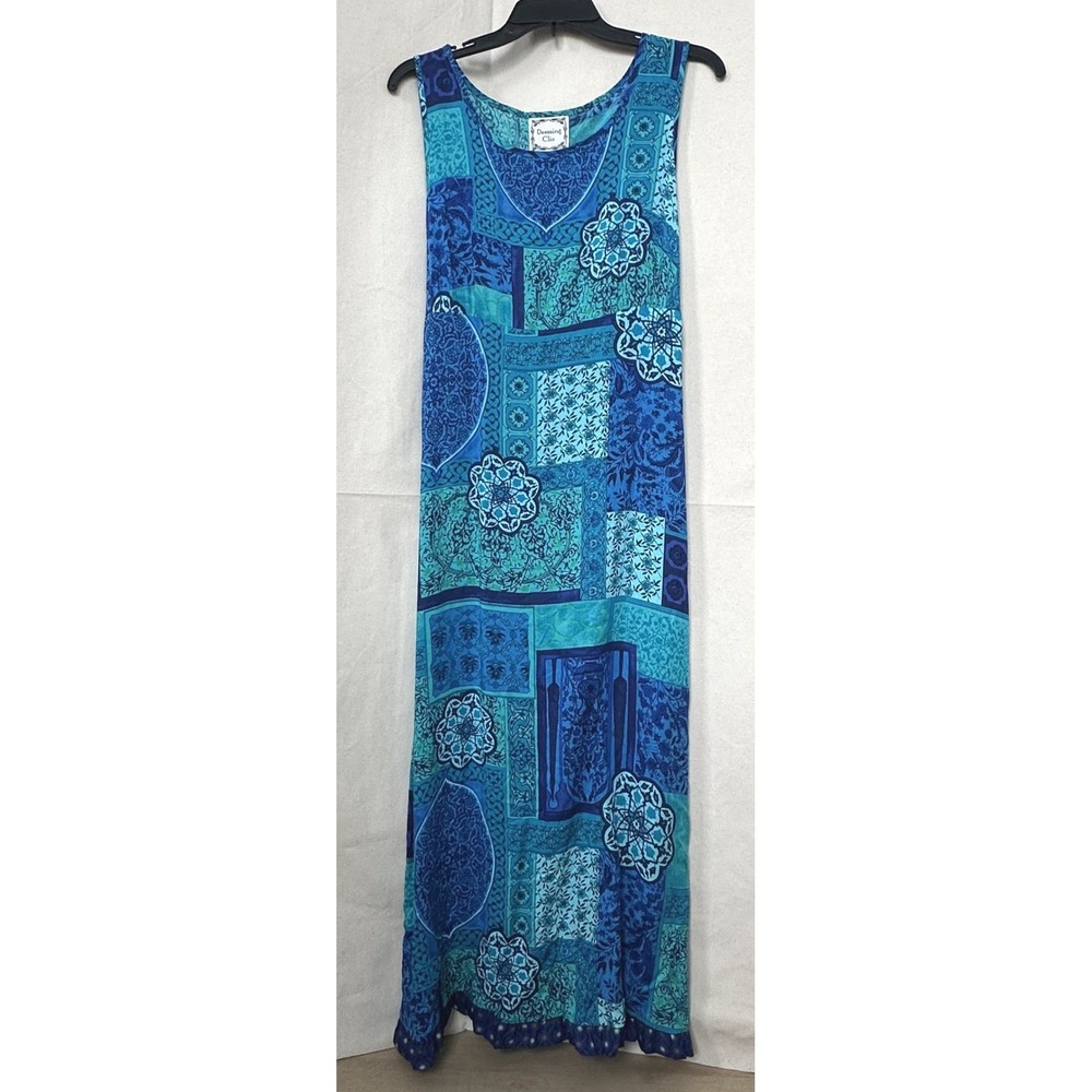 90s Dressing Clio Gipsy Hippie Boho Patchwork Mandala Rayon Maxi Dress M USA Vtg